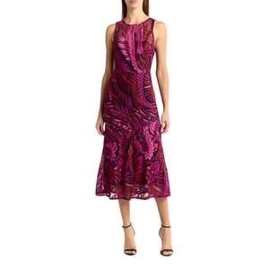 Sam Edelman Laurel Leaf Midi Dress 14 Dark Pink Cold Shoulder Embroidered 79374X